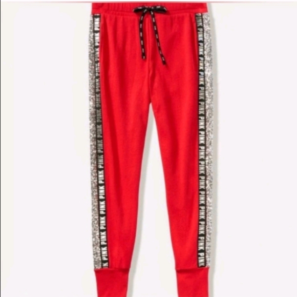 PINK VS Sequin Bling Skinny Joggers Red, Blk & Silver htf 😍🔥💎 - Picture 5 of 7